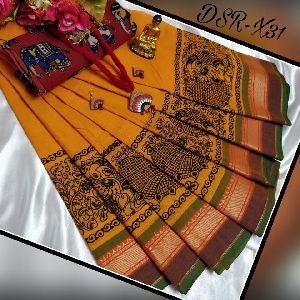cotton printed chettinad sarees with kalamkari blouse price- rs880 each including running blouse no