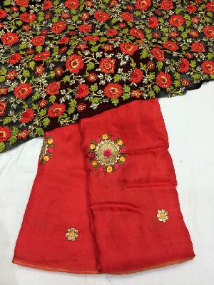 Linen georgette sarees with designer butta embroidery work and blouse