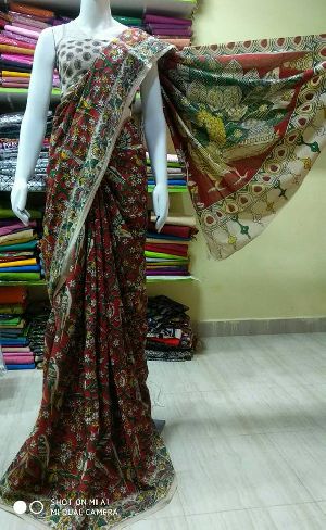 Cotton kalamkari sarees with contrast blouse