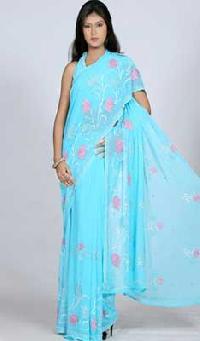 Blue Faux Georgette Saree with Rose Work