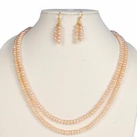 2 Strings Freshwater Pearl Peach Color Necklace Earring Set
