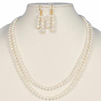 White Color Round Freshwater 2 String Necklace Earring Set