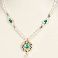 Freshwater Pearl Round White Blue Kundan Necklace Earring Set