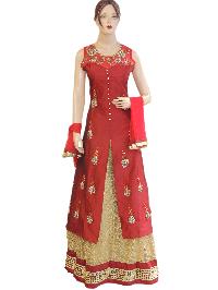 Bollywood Silk Red Long Jacket Style Suit With Net Gold Lehenga