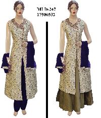 Brocade Long Jacket Style Suit, Silk Blue Bottom With Silk Gold Lehnga