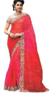 Chiffon Shaded Pink Red Saree With Unstitched Brocade Blouse