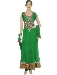 Designer Indian Netted Green Long Anarkali Suit