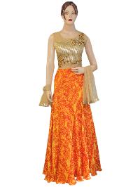 Exclusive Satin Crape Orange Gold Long Length Floor Anarkali Suit