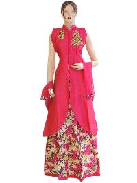 Exclusive Silk Pink Long Jacket Style Suit With Silk Printed Lehenga
