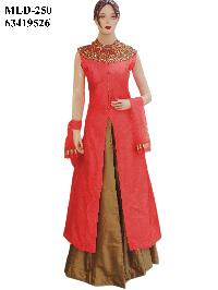 Exclusive Silk Pink Long Jacket Style Suit With Silk Gold Lehenga