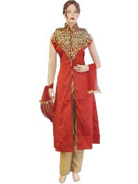 Exclusive Silk Red Long Jacket Style Suit With Silk Gold Pant