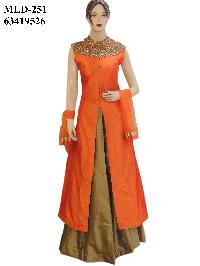 Fancy Silk Orange Long Jacket Style Suit With Silk Gold Lehenga