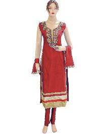 Heavy Fancy Silk Red Long Length Straight Suit