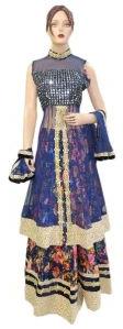 Heavy Net Navy Blue Long Choli With Silk Printed Lehenga
