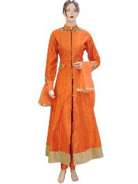 Indian Silk Orange Long Choli With Bottom Suit