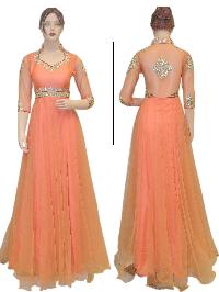 New Latest Designer Netted Peach Backless Long Dress Gown