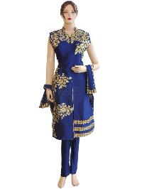 Silk Blue Long Straight Suit With Lycra Blue Bottom