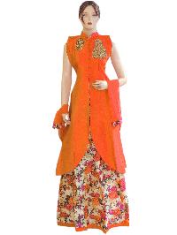 Silk Orange Long Jacket Style Suit With Silk Printed Lehenga