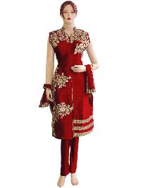 Silk Red Long Straight Suit With Lycra Red Bottom
