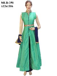 Silk Sea Green Long Jacket Style Suit With Silk Navy Blue Pant