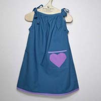 Organic Cotton dress, Teal with one Violet heart pocket. Lace accent