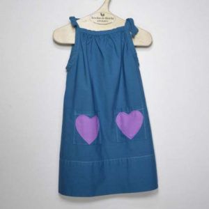 Organic Cotton Dress, Teal With Two Violet Heart Pocket.