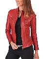 Womens Lambskin Red Leather Biker Jacket