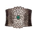 Silver Enamel Design Natural Emerald Diamond Cuff Bangle Bracelet