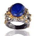 Black Rhodium and Yellow Gold Plated Silver and Lapis Mens Ring