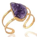 Gold Plated Cuff Bracelet with Natural Amethyst Druzy