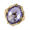 Purple Swarovski Glass, Black Spinal Glass and White Cubic Zirconia Yellow Gold Plated Fashion Ring