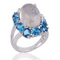 Rainbow Moonstone and Blue CZ Designer Silver Cocktail Ring