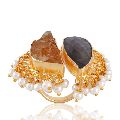 Rough Labradorite and Citrine nice Designer Fashion Ring with Pearl Drops