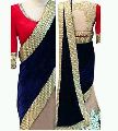 Blue And Off White Embroidered Velvet Saree