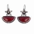 925 STERLING SILVER RED ONYX FLOWER DESIGN HAND CRAFTED WOMEN\'S EARRINGS
