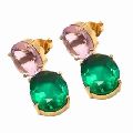 Emerald Hydro And Pink Quartz Oval Shape Fashion Earring