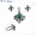 Cz and Dyed Emerald Silver Jewelry Set