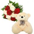 Teddy, White and Red Roses Bunch