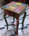 WOODEN HAND PAINTED STOOL WITH DRAWER
