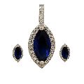 Blue CZ Oval Pendant Earrings Jewelry Set