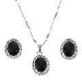 Jewelry Set Pendant Earrings and Silver Chain Black Onyx Gemstone