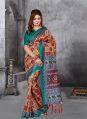 Turquoise and Red Colour Crepe Silk Patola Saree