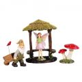 Miniature fairy garden whispers to bird, Gnome push cart , Birds, Thatch ,Mushroom Staues
