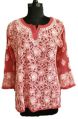Pinkish Red Georgette Top With White Chikankari Embroidery