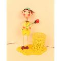 Wonderland metal girl with pot yellow with red rose Penstand