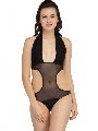 Women Deep Neck Cut Out Black Racer Style Lace Mesh One Piece Swimming Costume