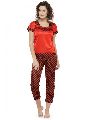 Women Short Sleeves Polka Dot Print Red Satin Top Pyjama Set Loungewear Nightwear Night suit