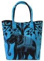 Sky Blue Elephant Tree Printed Cotton Handbag
