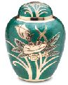 Brass emerald rose enameled cremation urn