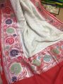 Pure Handloom Khaddi Tussar Georgette Silk cream red handloom georgette silk border paithani saree